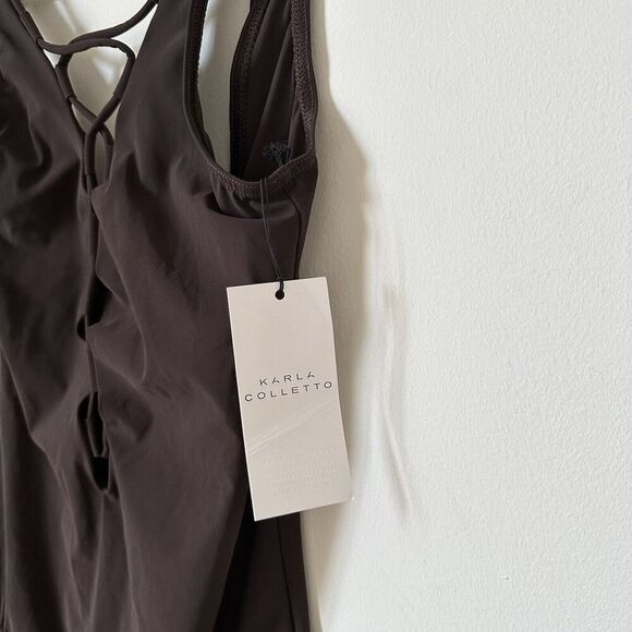 NWT Karla Colletto Plunge Tank One Piece Swimsuit Lace Up Front Size 14 US 10 - Picture 3 of 7